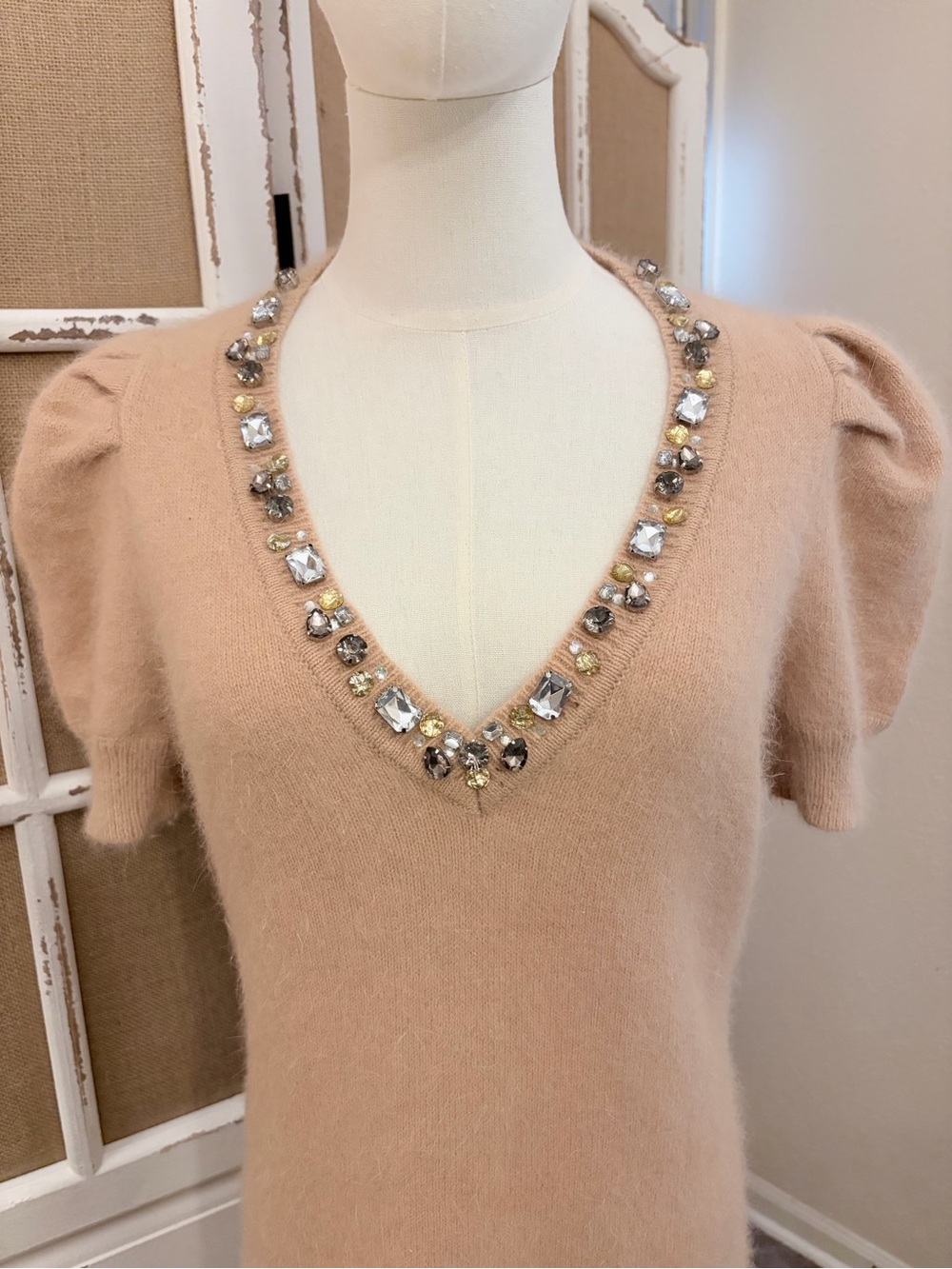 Moda International Angora Jeweled Sweater Dress/Tunic Puff Sleeve L